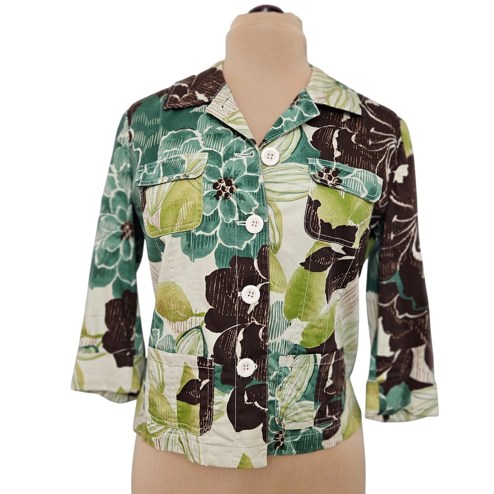Chicos Floral Button Front Jacket Green Brown 3/4 Sleeve Cotton Stretch Size 1